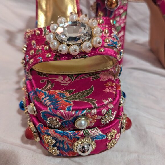 Azalea Wang Annie Embroidered Platform Sandal Pink Chunky Size 9 - Picture 7 of 10